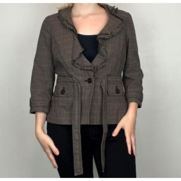 Loft Women's Brown Plaid Belted Ruffled Neck Tweed Blazer Jacket Size 4P - Picture 1 of 10